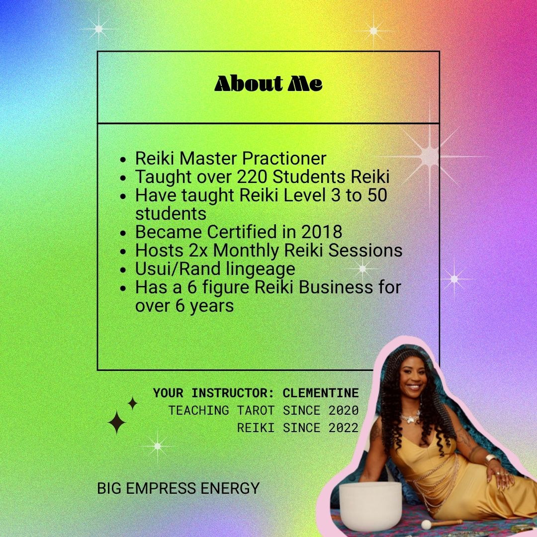 Big Empress Energy's own instructor card listing Clementine's reiki credentials